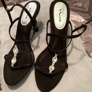Nina Black Satin Sandals With Rhinestone Detail